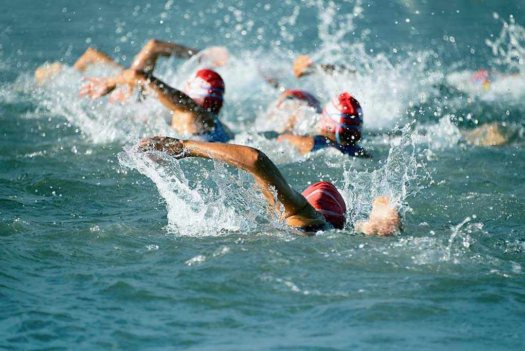 479061520 Group of swimmers racing in open water