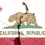 Masked Agents Storm Event – California Strikes Back Cracked California Republic flag on a wall.