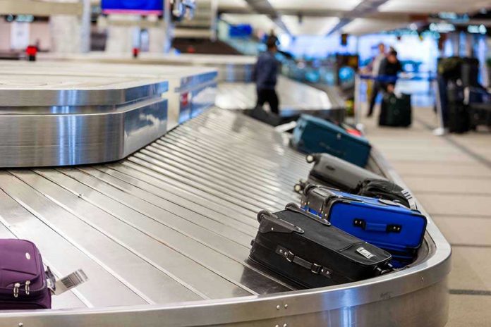 227875015 Luggage on airport baggage claim conveyor belt.