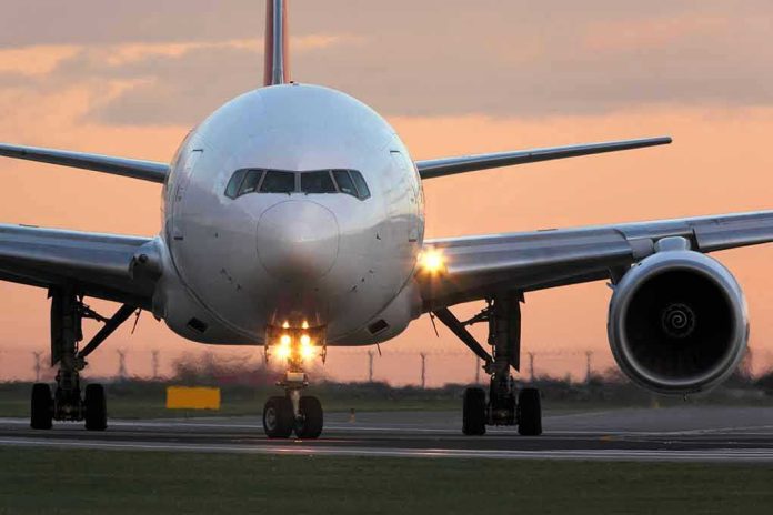 555148006 Airplane on runway during sunset.