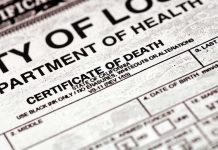 Close-up of a California death certificate document