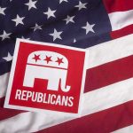 Republican symbol on American flag background.