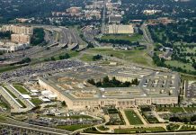 Aerial view of the Pentagon building and surrounding area.