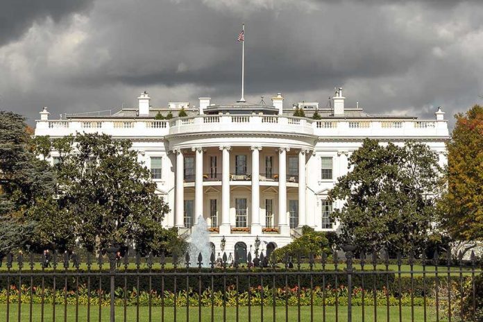 560339335 The White House with overcast sky and flag raised.