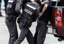 Sting Operation Strikes: 150+ ARRESTED! Police officers arresting a handcuffed person.