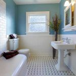 Modern bathroom with blue walls and white fixtures