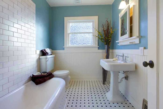 Modern bathroom with blue walls and white fixtures