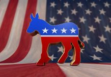 Dem Senator ARRESTED — Shocking Blackmail Plot! A donkey symbol representing the Democratic Party in front of an American flag background