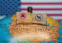 Trump FREEZES $10 Billion From Liberal States Republican and Democratic flags on USA map background.