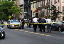 Police gathered at an urban crime scene.