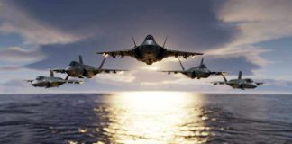 Rogue Plane Sparks DC Fighter Jet Panic! Five jets flying low over the ocean at sunset.