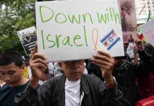 Person holding Down with Israel sign at protest.