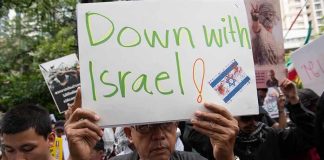 Person holding Down with Israel sign at protest.