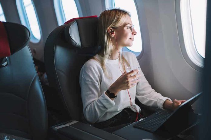 Passenger with headphones seated by airplane window
