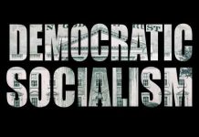 Text graphic featuring the words 'Democratic Socialism' over a textured background