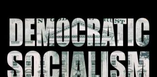 Text graphic featuring the words 'Democratic Socialism' over a textured background
