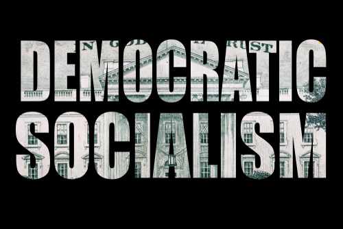 Text graphic featuring the words 'Democratic Socialism' over a textured background