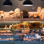 Bakery display with assorted breads and pastries