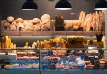 Bakery display with assorted breads and pastries