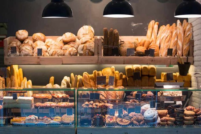 Bakery display with assorted breads and pastries