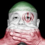 person with hands over mouth and Iran flag overlay
