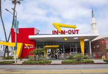 In-N-Out Burger restaurant exterior with red and yellow design