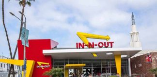 In-N-Out Burger restaurant exterior with red and yellow design