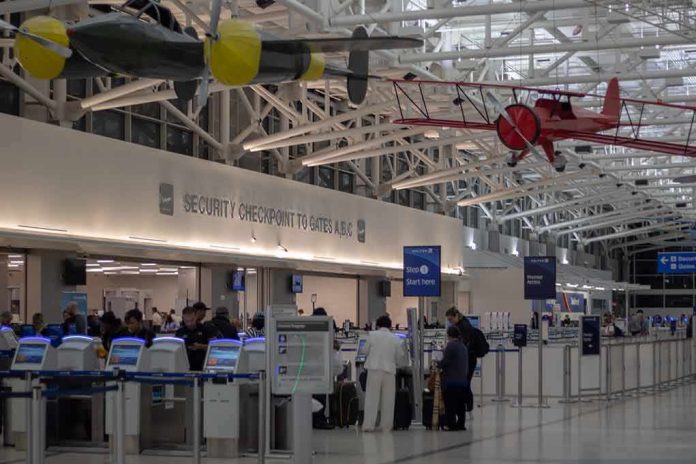 shutterstock_1332557678 airport security checkpoint with passengers and hanging vintage airplanes