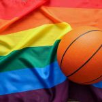 Basketball on a rainbow pride flag