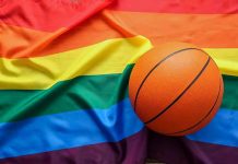 Basketball on a rainbow pride flag