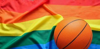 Basketball on a rainbow pride flag