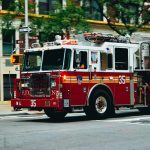 Fire truck turning on a city street