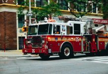 Fire truck turning on a city street