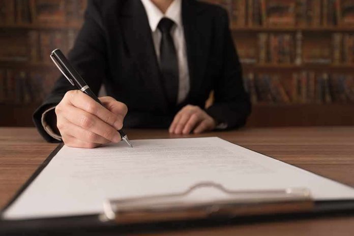 Person in suit signing a document on a clipboard