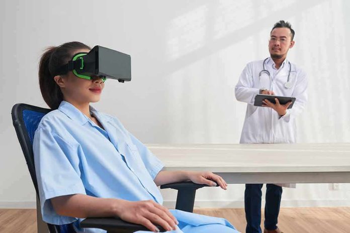 Patient wearing VR headset sits as doctor observes with tablet