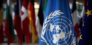 United Nations flag among international flags