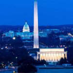 Washington Monument with Lincoln Memorial and Capitol at dusk