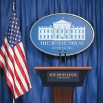 Trump Goes On Rebranding Spree During RNC Convention White House press briefing podium and US flag