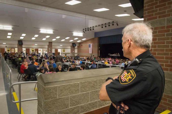 security officer overseeing a crowded school cafeteria