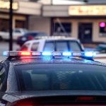 Senator Warns What Flock Cameras Are Really Spying On Police car with flashing red and blue lights in a parking lot