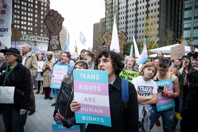 shutterstock_1235860834 Crowd of protesters holding trans rights signs at a city rally