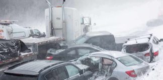 Multi-vehicle pileup on snowy highway