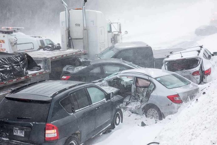 Multi-vehicle pileup on snowy highway