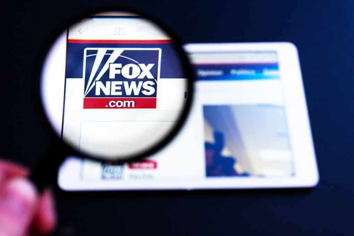 Magnifying glass over Fox News website logo on a tablet