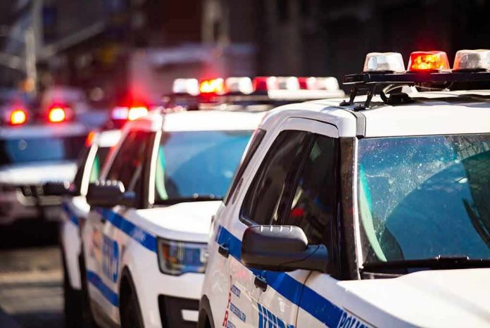 police cars with flashing lights on a city street