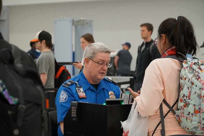 shutterstock_1641623299 Bill Bergey, a TSA officer, checks a traveler's documents at an airport security checkpoint