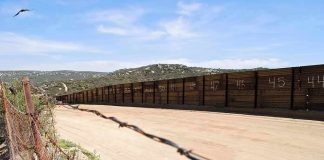 Border fence along dirt road in arid landscape