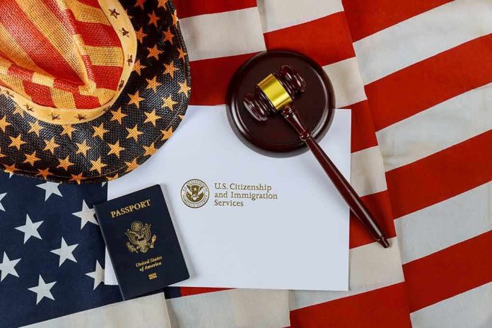 U.S. passport, gavel, and USCIS document on American flag