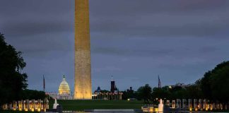 Washington Monument and reflecting pool at dusk
