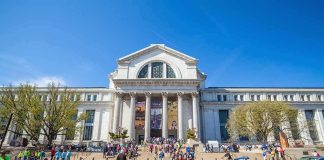 Neoclassical museum building with columns and busy entrance